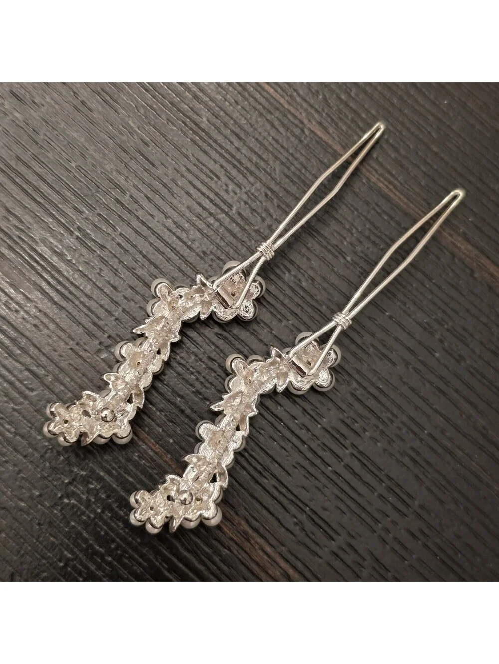 Vintage Faux Pearl Rhinestone Floral French Snap Hair Clips Silver Tone Pair EUC